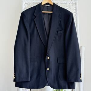 Vintage Wool Blazer Men 44L Navy Gold Button Crest Jacket Sport Coat Ivy USA